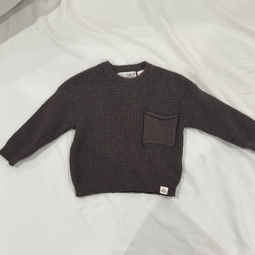 Zara Baby Brown Waffle Knit Crewneck Sweater with Chest Pocket